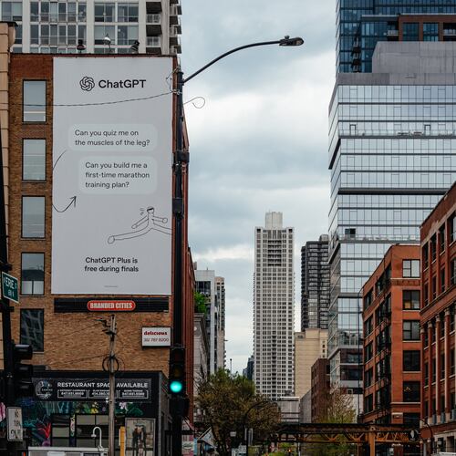Billboards for ChatGPT’s ad campaign aimed at college students hang on buildings in Chicago’s River North neighborhood on April 23, 2025. OpenAI, the firm that helped spark chatbot cheating, wants to embed artificial intelligence in every facet of college. (Jamie Kelter Davis/The New York Times)