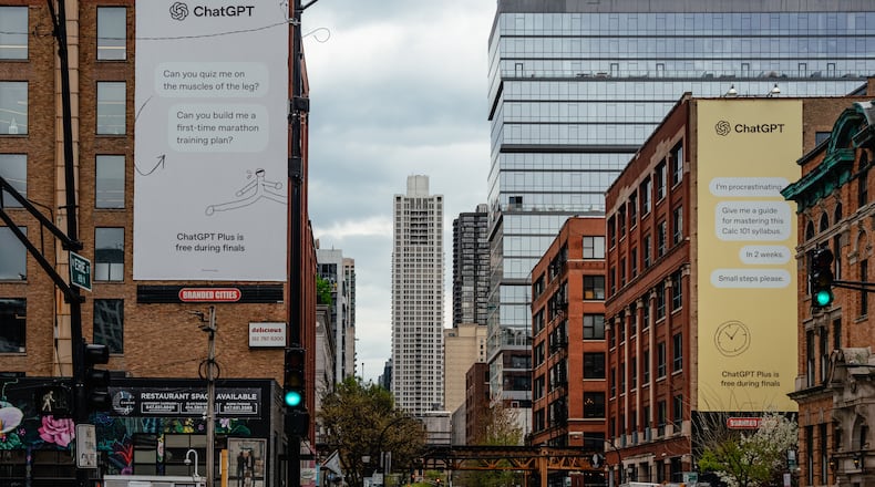 Billboards for ChatGPT’s ad campaign aimed at college students hang on buildings in Chicago’s River North neighborhood on April 23, 2025. OpenAI, the firm that helped spark chatbot cheating, wants to embed artificial intelligence in every facet of college. (Jamie Kelter Davis/The New York Times)