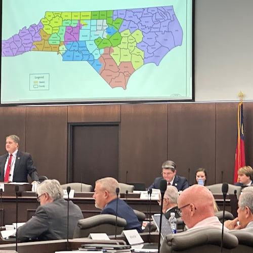 North Carolina state Sen. Warren Daniel, R-Burke (left and standing), presides over the Senate Committee on Elections while it considers legislation to redraw the state's U.S. House district map at the Legislative Office Building in Raleigh N.C., Monday, Oct. 20, 2025. (AP Photo/Gary D. Robertson)