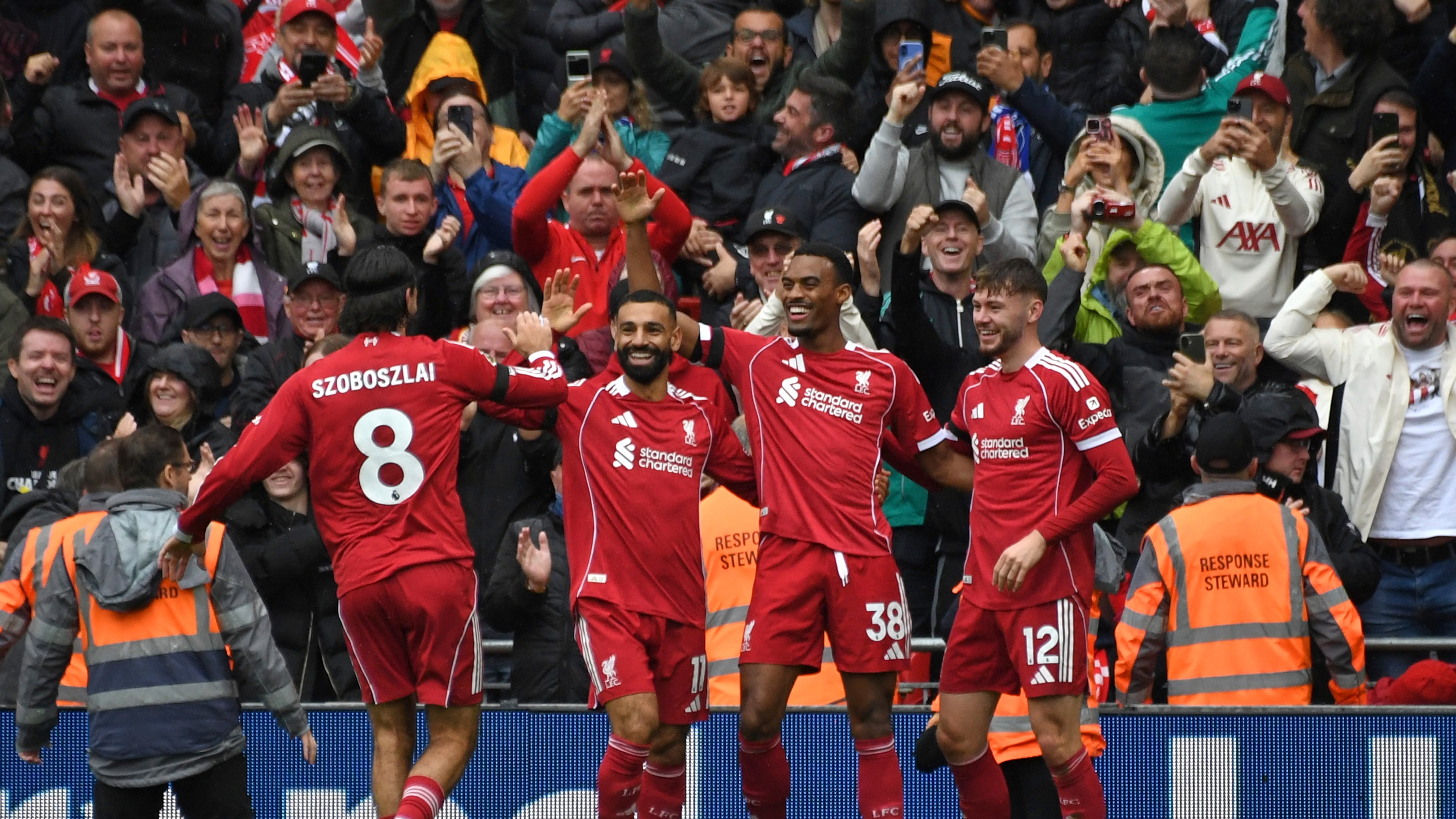 Liverpool's Ryan Gravenberch, second right, celebrates with teammates after scoring his side's opening goal during the English Premier League soccer match between Liverpool and Everton at Anfield stadium in Liverpool, England, Saturday, Sept. 20, 2025. (AP Photo/Rui Vieira)