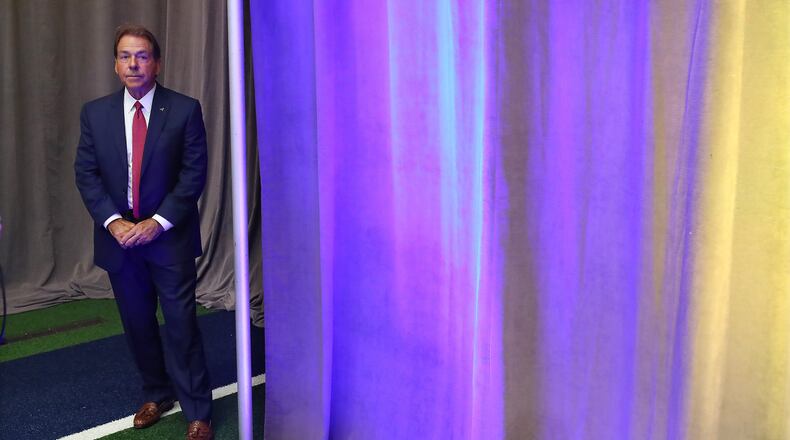 Alabama coach Nick Saban as he waits his turn before meeting the media during 2022 SEC media days gathering in Atlanta.