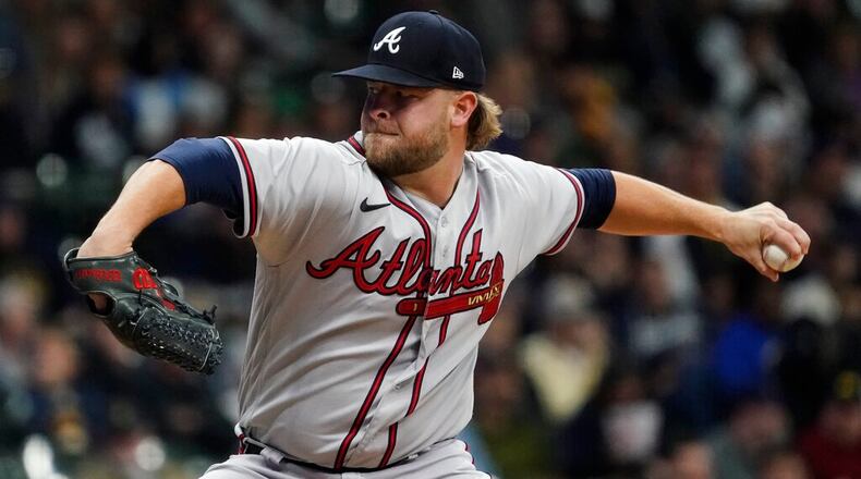 Atlanta's A.J. Minter is among MLB's best relievers this season, and he might land a spot on the NL All-Star team. (AP Photo/Morry Gash)