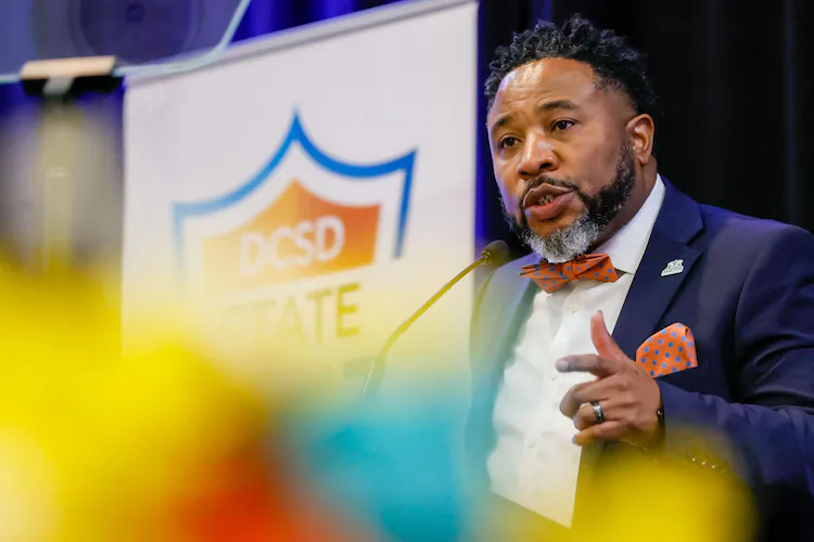 DeKalb County Superintendent Dr. Devon Horton speaks during the State of the District Address at Courtyard Marriott Hotel in Downtown Decatur on Thursday, March 14, 2024. Horton resigned after being indicted in October 2025 on federal charges relating to his former position in Illinois. He was arrested Saturday on charges of child cruelty and aggravated assault. (Miguel Martinez/AJC)