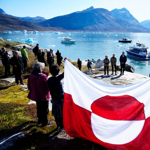 FILE - Denmark's Prime Minister Mette Frederiksen, Greenland's government leader Jens-Frederik Nielsen, and President of the European Commission Ursula von der Leyen visit Qoornoq, Greenland on Sept. 6, 2026. (Mads Claus Rasmussen/Ritzau Scanpix via AP, File)