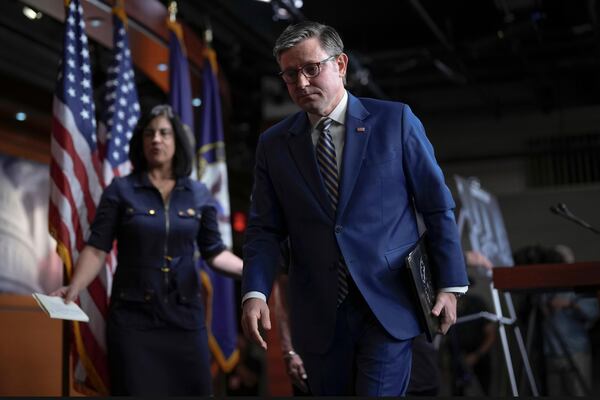 Speaker of the House Mike Johnson, R-La., and GOP leaders depart after meeting with reporters at the Capitol on Tuesday. (J. Scott Applewhite/AP)
