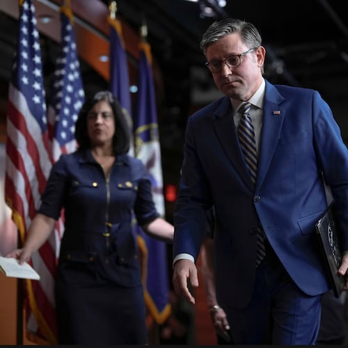 Speaker of the House Mike Johnson, R-La., and GOP leaders depart after meeting with reporters as he tries to advance a spending package for the Iran war, farm aid and President Donald Trump's push for strict new voter ID requirements, at the Capitol in Washington, Tuesday, July 21, 2026. (AP Photo/J. Scott Applewhite)