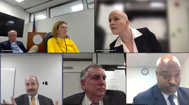 The State Election Board on Tuesday voted down asking state lawmakers to end no-excuse absentee voting. Clockwise from top-left: State Election Board member Rick Jeffares, member Janice Johnston, member Sara Tindall Ghazal, election investigator Michael Brumson, member Ed Lindsey, and Chairman John Fervier.
