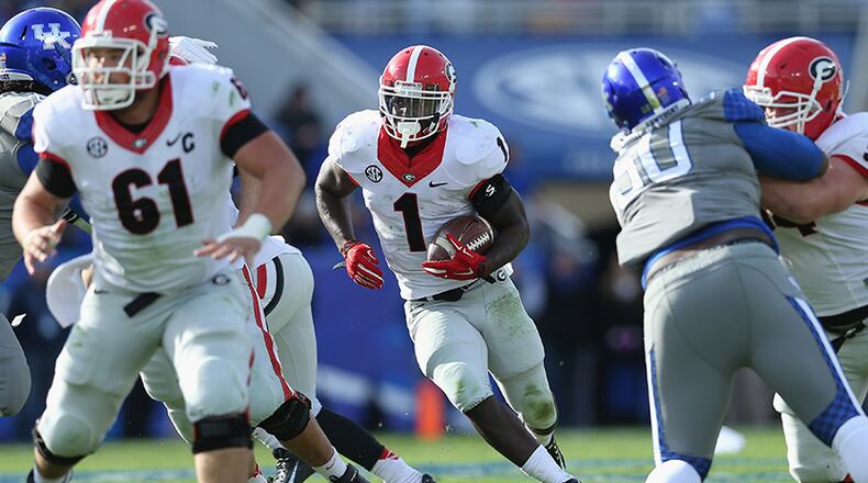 Sony Michel (1) is Georgia’s third leading rusher this season with 307 yards on 39 carries.