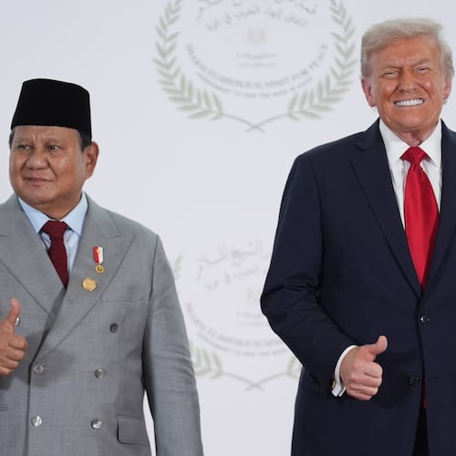 President Donald Trump greets Indonesia's President Prabowo Subianto during a summit to support ending the more than two-year Israel-Hamas war in Gaza after a breakthrough ceasefire deal, Monday, Oct. 13, 2025, in Sharm El Sheikh, Egypt. (AP Photo/Evan Vucci, Pool)