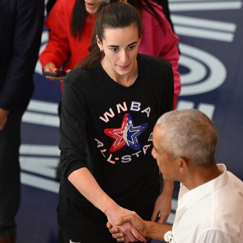 Former President Barack Obama shakes hands with WNBA All-Star Caitlin Clark during a practice at the Obama Presidential Center in Chicago, Friday, July 24, 2026. (AP Photo/Paul Beaty)