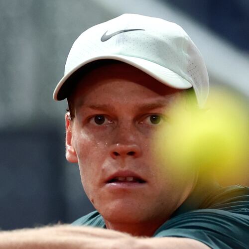 Jannik Sinner of Italy returns the ball to Rafael Jodar of Spain during the Madrid Open tennis tournament in Madrid, Wednesday, April 29, 2026. (AP Photo/Pablo Garcia)
