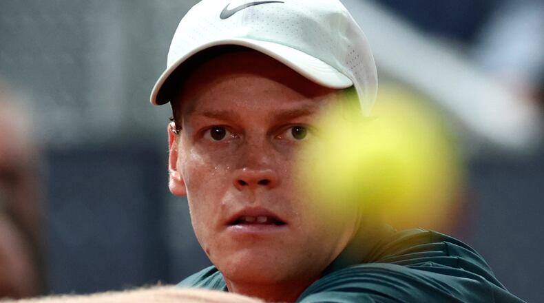 Jannik Sinner of Italy returns the ball to Rafael Jodar of Spain during the Madrid Open tennis tournament in Madrid, Wednesday, April 29, 2026. (AP Photo/Pablo Garcia)