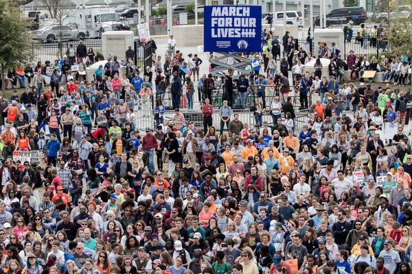 A large crowd gathers at Liberty Plaza near the state Capitol at the end of the March For Our Lives in Atlanta on Saturday, March 24, 2018. STEVE SCHAEFER / SPECIAL TO THE AJC