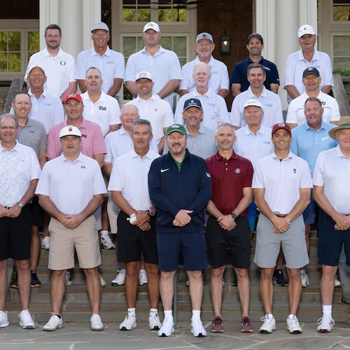 Current and former college football coaches take part in the 2025 Southern Company Peach Bowl Challenge charity golf tournament in Greensboro, GA Tuesday
