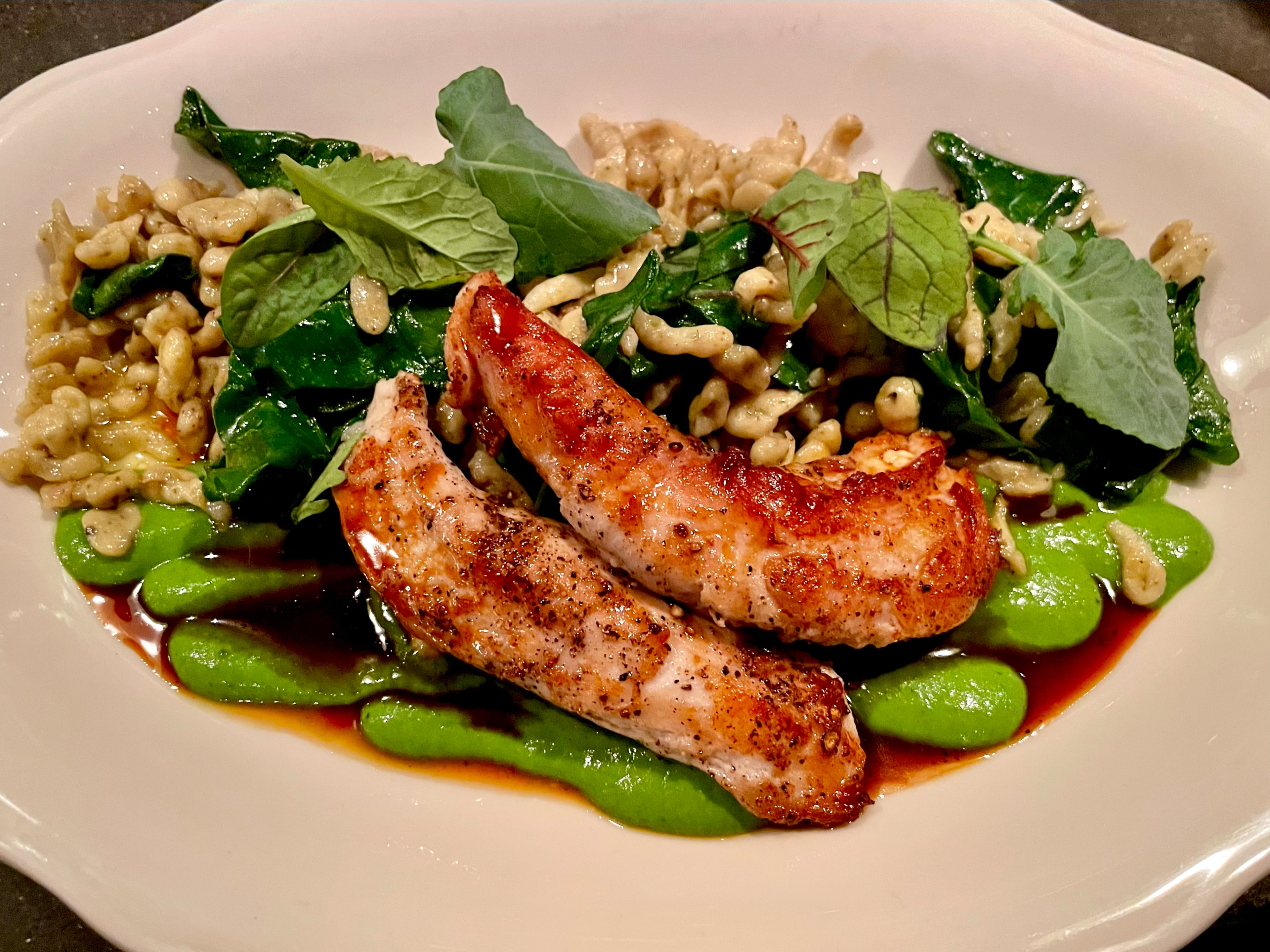 Rabbit loin is served with sage spaetzle at The Deer and the Dove. (Angela Hansberger for the AJC)