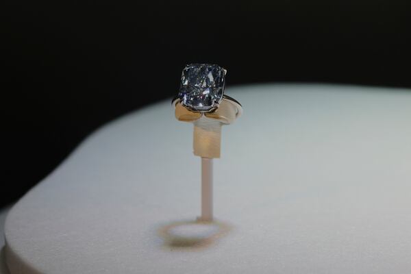 The Mediterranean Blue diamond is on display during its worldwide debut in Abu Dhabi, United Arab Emirates, Tuesday, April 8, 2025. (AP Photo/Altaf Qadri)