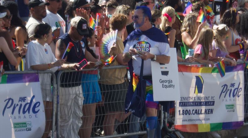 Jeff Graham dressed as a "Super Voter" at the Atlanta Pride Parade on Oct. 13 to encourage people to vote for candidates endorsed by Georgia Equality. (Courtesy)