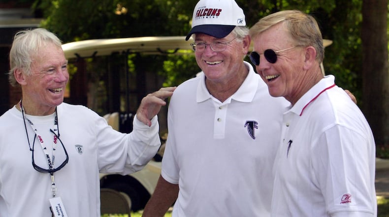 Falcons senior adviser Bobby Beathard (from left), coaches Dan Reeves and Joe Gibbs share a light moment during the team's morning practice Tuesday, July 30, 2002, at Furman University in Greenville, S.C.