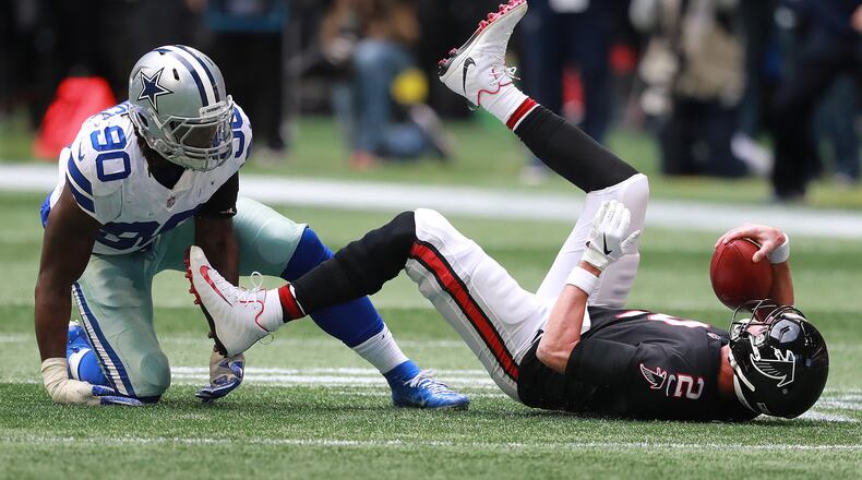 Nov 18, 2018 Atlanta: Atlanta Falcons quarterback Matt Ryan is sacked by Dallas Cowboys defensive end Demarcus Lawrence during the second quarter in a NFL football game on Sunday, Nov. 18, 2018, in Atlanta. Curtis Compton/ccompton@ajc.com