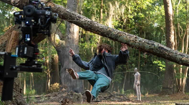 Stunt performer "Three Dads" Thomas Patrick Ryan Watson falls during the filming of "Eye for an Eye." The horror film was shot in Savannah and released in 2025. (Courtesy of Seth F. Johnson)