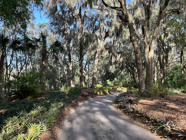 The Lake Loop is a paved accessible trail that circles the lake at Jacksonville Botanical Gardens. (Karon Warren for the AJC)