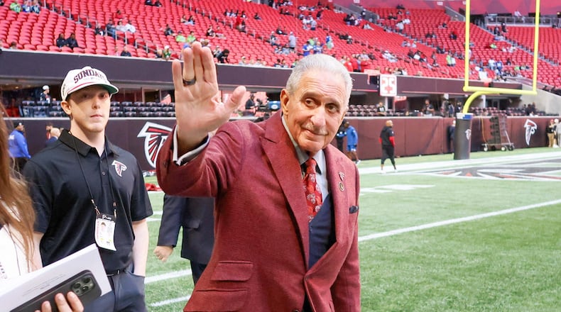 Falcons Owner Arthur Blank waves to the fans as he enters the field before the game against the Seattle Seahawks on Sunday, October 20, 2024, at Mercedes-Benz Stadium in Atlanta.
(Miguel Martinez/ AJC)
