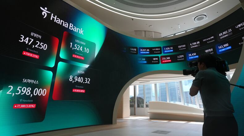 A TV cameraman films the screens showing the Korea Composite Stock Price Index (KOSPI) and the foreign exchange rate between U.S. dollar and South Korean won at a dealing room of Hana Bank in Seoul, South Korea, Thursday, June 18, 2026. (AP Photo/Lee Jin-man)