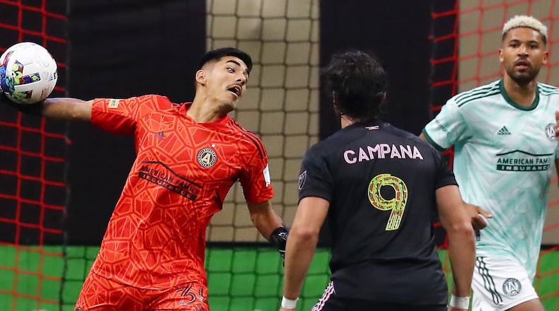 Atlanta United goalkeeper Rocco Rios Novo works during the 2-0 shutout victory against Inter Miami on Sunday in Atlanta. (Curtis Compton / Curtis.Compton@ajc.com)