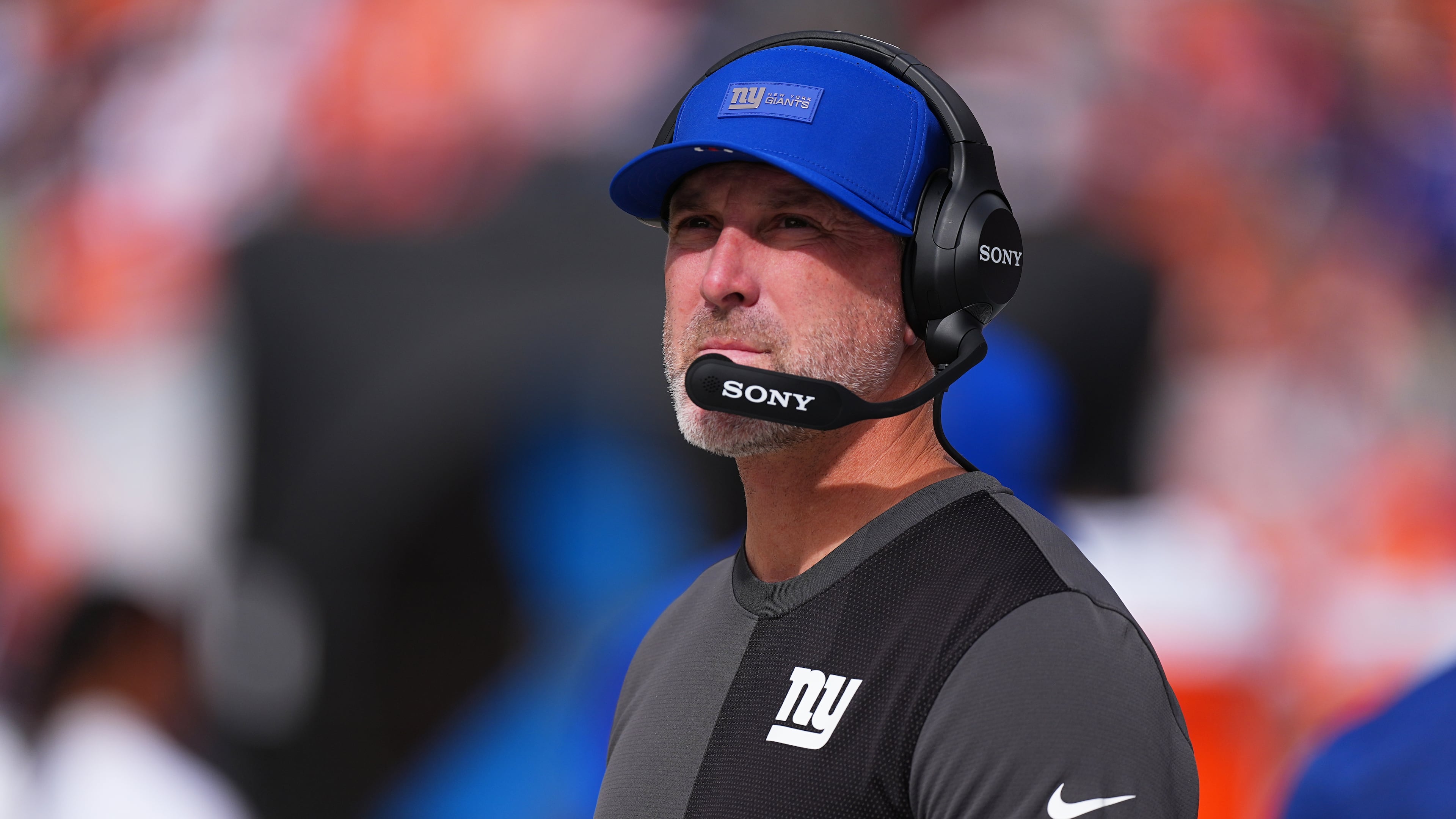 FILE - New York Giants defensive coordinator Shane Bowen looks on in the first half of an NFL football game Sunday, Oct. 19, 2025, in Denver. (AP Photo/David Zalubowski, file)