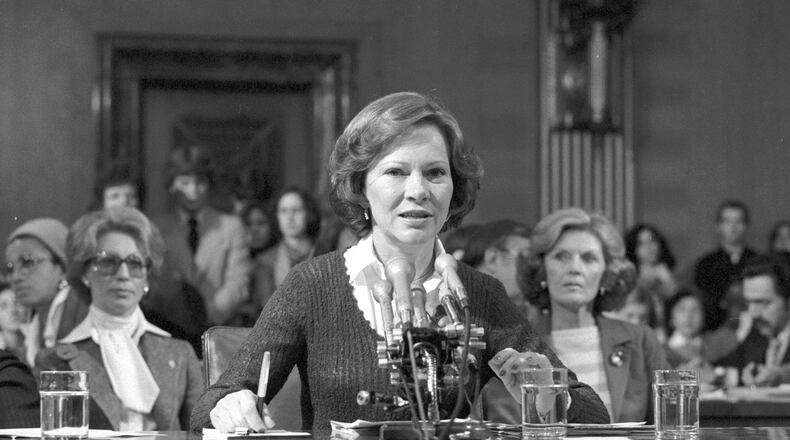Rosalynn Carter testifies on behalf of the President’s Commission on Mental Health before the Senate Subcommittee on Health and Scientific Research of the Committee on Labor and Human Resources on Feb. 7, 1979. She was the second first lady to appear before Congress. (Jimmy Carter Library)