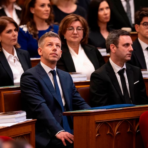 Hungarian Prime Minister-elect Peter Magyar gestures before the inauguration ceremony at the Parliament in Budapest, Hungary, Saturday, May 9, 2026. (AP Photo/Denes Erdos)