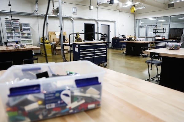 Work stations are spaced out in a classroom at Seckinger High School in Buford, Georgia, on Tuesday, Aug. 5, 2025. (Abbey Cutrer/AJC)