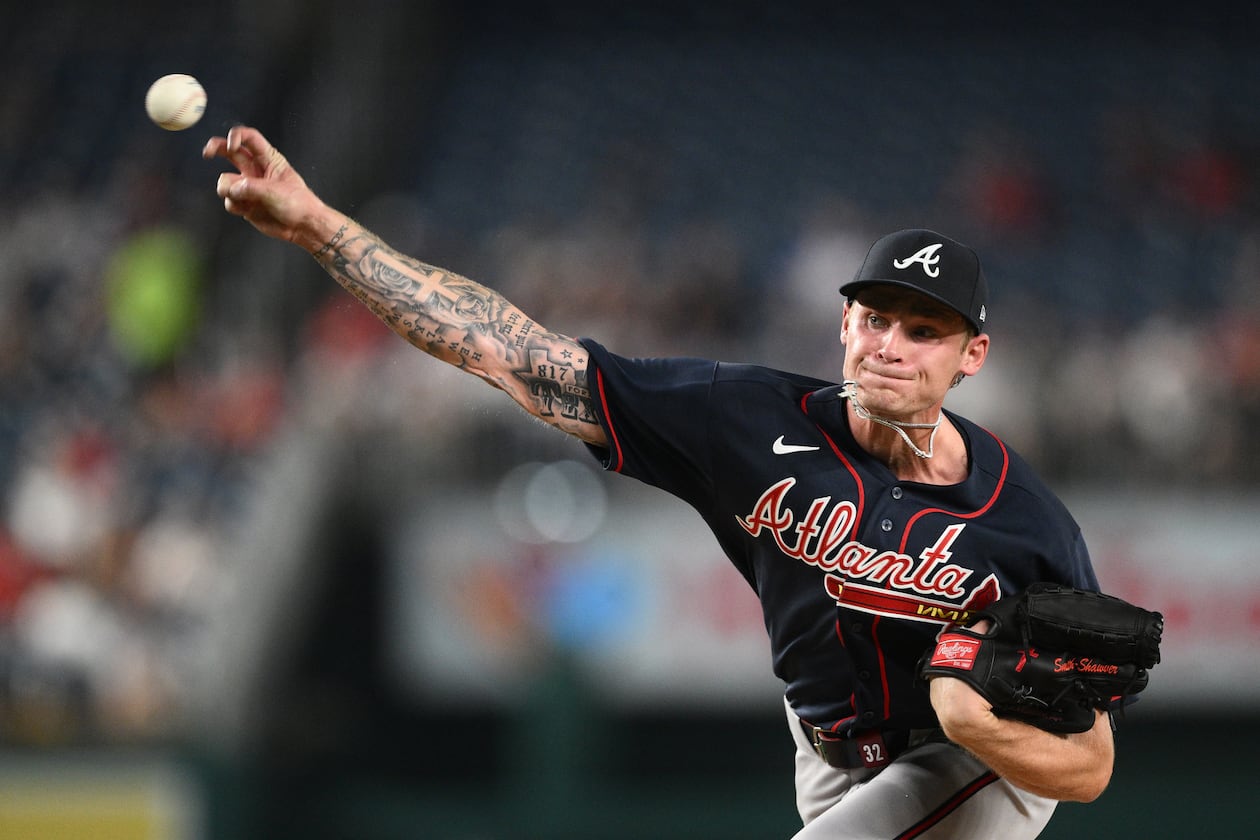 Braves pitcher AJ Smith-Shawver throws during the third inning of a baseball game against the Washington Nationals, Tuesday, Sept. 1, 2026, in Washington. (AP Photo/Nick Wass)
