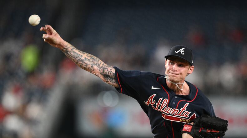 Braves pitcher AJ Smith-Shawver throws during the third inning of a baseball game against the Washington Nationals, Tuesday, Sept. 1, 2026, in Washington. (AP Photo/Nick Wass)