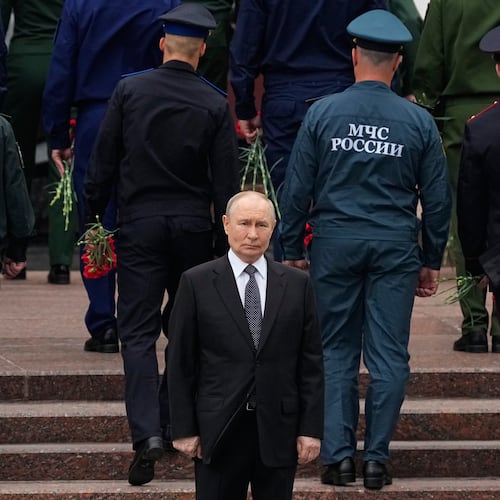 FILE - Russian President Vladimir Putin attends a wreath-laying ceremony at the Tomb of the Unknown Soldier by the Kremlin wall in Moscow on Monday, June 22, 2026, marking the 85th anniversary of the invasion of the Soviet Union by Nazi Germany in World War II. (AP Photo/Alexander Zemlianichenko, Pool, File)