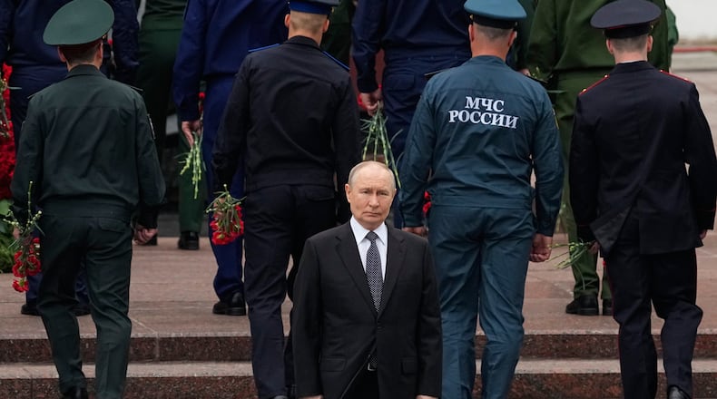 FILE - Russian President Vladimir Putin attends a wreath-laying ceremony at the Tomb of the Unknown Soldier by the Kremlin wall in Moscow on Monday, June 22, 2026, marking the 85th anniversary of the invasion of the Soviet Union by Nazi Germany in World War II. (AP Photo/Alexander Zemlianichenko, Pool, File)