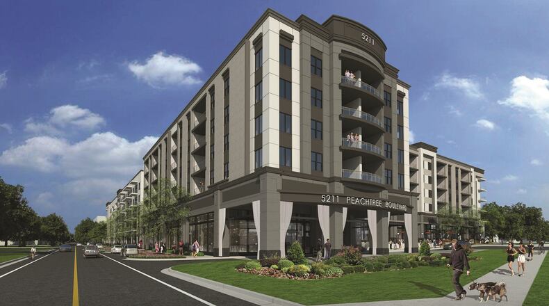 A conceptual drawing shows the Chamblee Atlanta project at 5211 Peachtree Boulevard. The development, which will receive $11 million in property tax breaks, features 310 luxury apartments and retail stores.