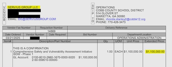 As of the end of April, the Cobb School District has paid the Servius Group nearly $2.6 million, including this $1.1 million payment in March toward a vulnerability assessment initiative. (Redactions made by the Cobb School District.)