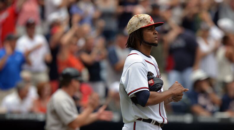 Braves pitcher Ervin Santana reacts after giving up a three run home run to David Ortiz in the 5th inning Monday May 26, 2014 at Turner Field. BRANT SANDERLIN /BSANDERLIN@AJC.COM