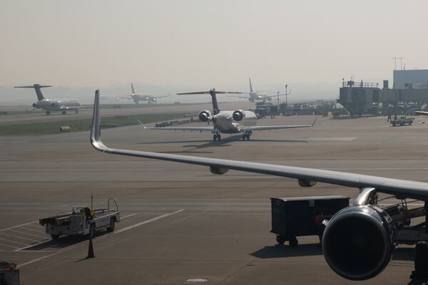 Wildfire smoke settled over Hartsfield-Jackson Atlanta International Airport on Wednesday as fires burned across Georgia and Florida amid extremely dry conditions. (Ben Gray for the AJC)
