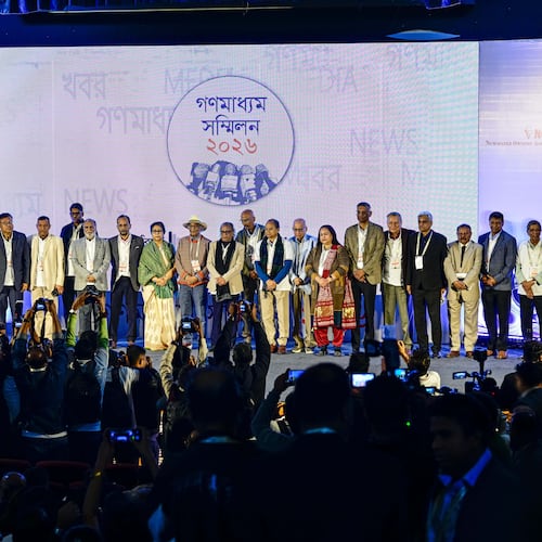 Journalists, editors and owners of media outlets gather at a conference demanding protection after recent attacks on two major newspapers in Dhaka, Bangladesh, Saturday, Jan. 17, 2026. (AP Photo/Mahmud Hossain Opu)