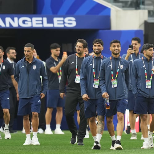 Iran players walk onto the pitch at the stadium one day before their FIFA World Cup match against New Zealand in Inglewood, Calif., near Los Angeles, Sunday, June 14, 2026. (AP Photo/Andre Penner)