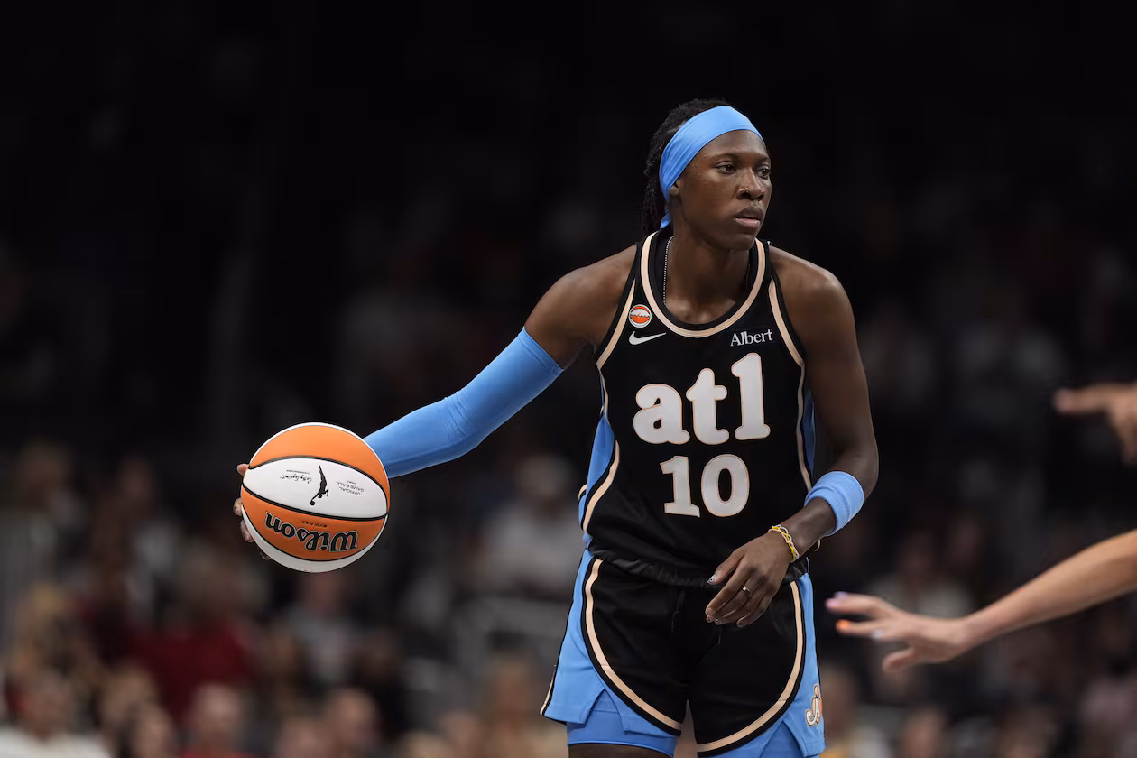 Dream guard Rhyne Howard (10) in the first half of an WNBA basketball game against the Sunday, Aug. 16, 2026, in Atlanta. (AP Photo/Brynn Anderson)