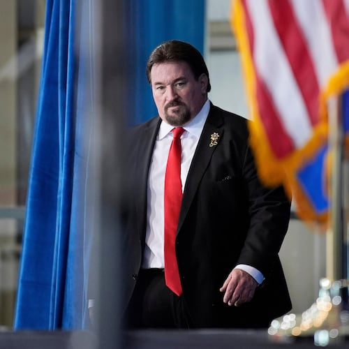 FILE - Nevada GOP chair Michael McDonald walks on stage before speaking ahead of Republican presidential candidate former President Donald Trump at a campaign event, Jan. 27, 2024, in Las Vegas. (AP Photo/John Locher, File)
