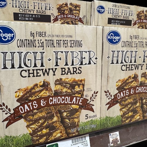 Cereal bars promoting fiber sit on a shelf at a Kroger grocery store, in Ann Arbor, Mich., Tuesday, Nov. 18, 2025. (AP Photo/Dee-Ann Durbin)