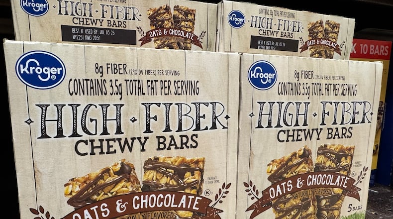 Cereal bars promoting fiber sit on a shelf at a Kroger grocery store, in Ann Arbor, Mich., Tuesday, Nov. 18, 2025. (AP Photo/Dee-Ann Durbin)