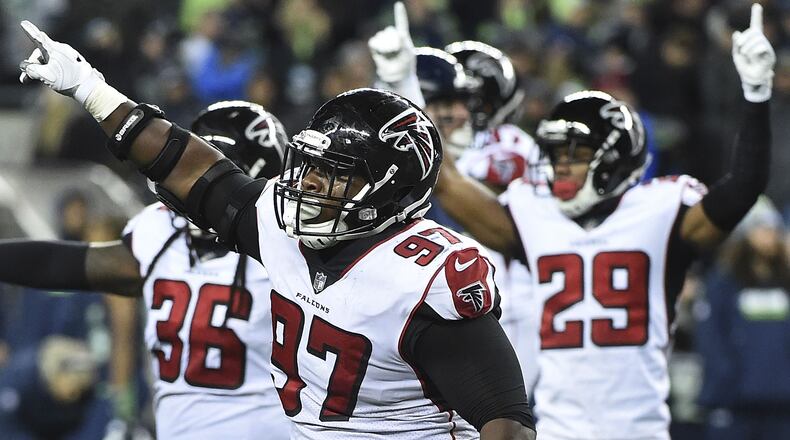 Defensive tackle Grady Jarrett #97 of the Atlanta Falcons reacts after the Seattle Seahawks missed a long field goal attempt in the last minute of the during the fourth quarter of the game at CenturyLink Field on November 20, 2017 in Seattle, Washington. The Falcons won the game 34-31. (Photo by Steve Dykes/Getty Images)