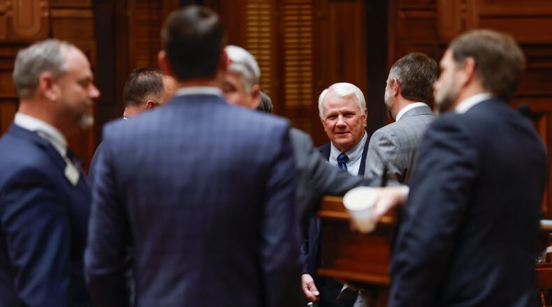 Georgia Speaker of the House Jon Burns chats with legislators during a brief recess on Crossover Day at the Georgia State Capitol on Thursday, March 6, 2025. (Natrice Miller/ AJC)