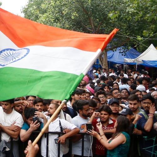 Supporters gather at the camping site of the Cockroach Janta Party at Jantar Mantar in New Delhi, Tuesday, July 21, 2026. (AP Photo/Shekhar Yadav)