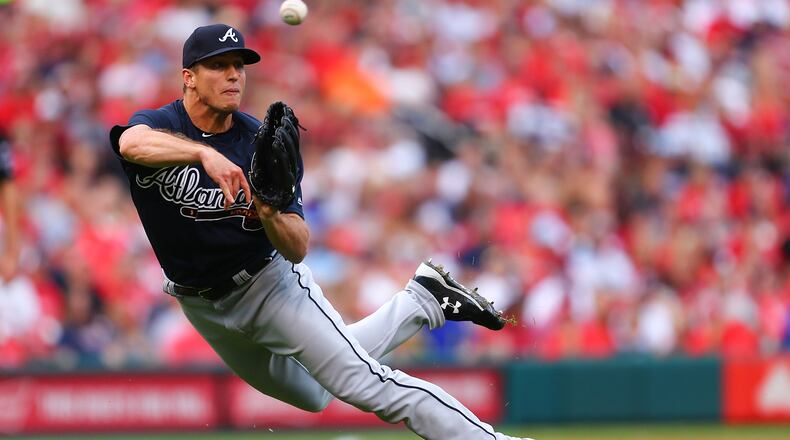 Lucas Sims of the Braves throws to first base against the Cardinals at Busch Stadium on August 12, 2017 in St. Louis, Missouri. (Photo by Dilip Vishwanat/Getty Images)